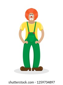 Sad clown in a red wig. Flat vector illustration.