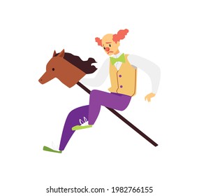 Sad clown riding a toy horse stick performs at a circus performance. Flat cartoon vector illustration isolated on a white background.