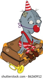 The sad clown. The troubadour and a suitcase. Cartoon