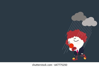 sad clown walking in the rain, bad day, sadness
