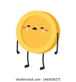 Sad coin character. wallpaper. free space for text. coin vector. sad coin cartoon. cry.
