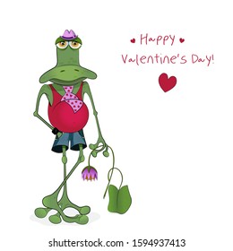 Sad Comic Cartoon Frog Boyfriend With Water Lily Waiting For A Girlfriend On The Dating On Valentine’s Day