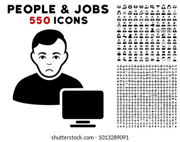 Sad Computer Administrator icon with 550 bonus pitiful and happy person pictographs. Vector illustration style is flat black iconic symbols.