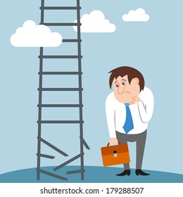 Sad and confused businessman character career broken lost job vector illustration
