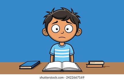 triste expresión de cara confusa niño preocupado piensa en la prueba de examen en la mesa de estudio, niño que sufre de trabajo doméstico aburrido niño caricatura personaje vectorial dificultad para leer el concepto de trastorno de libro