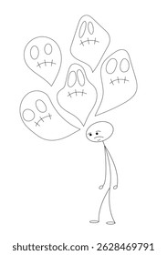 Sad and Confused Hand Drawn Stick Figure Haunted by Ghosts. Psychology characters and mental health issues vector art