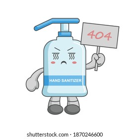 Sad and confused hand sanitizer with 404 board. page not found message