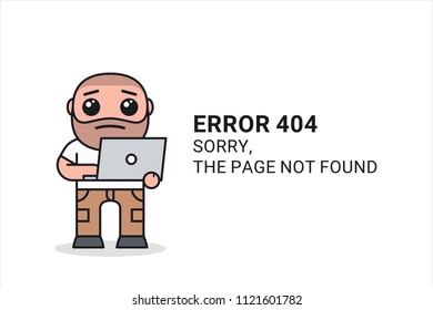 Sad and confused man with laptop in hands. 404 error page design template. Page not found message. Cartoon character in flat style