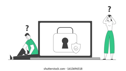 Sad Confused Man And Woman Sitting Near Huge Laptop With Padlock And Shield On Screen Trying To Remember Lost Password For Profile And Account In Internet. Cartoon Flat Vector Illustration, Line Art