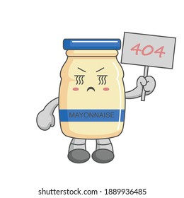 Sad and confused mayonnaise with 404 board. page not found message.