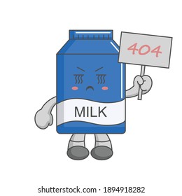 Sad and confused milk box with 404 board. page not found message.