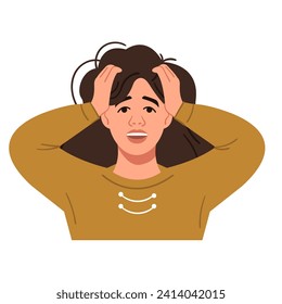 A sad, confused, tired woman clutched her head in her hands in panic. Mental disorder and chaos, panic attacks. The concept of mental health preservation