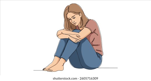 sad and confused young woman sitting on floor arms around knees continuous single line art drawing sketch on white background