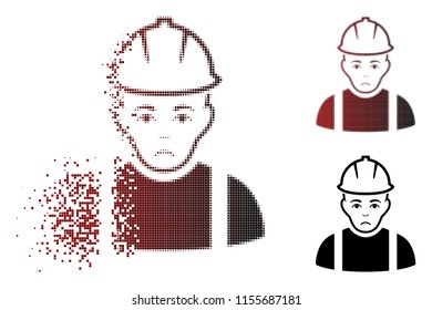 Sad contractor icon in dispersed, pixelated halftone and undamaged solid variants. Points are arranged into vector disappearing contractor figure. Person face has pitiful emotion.