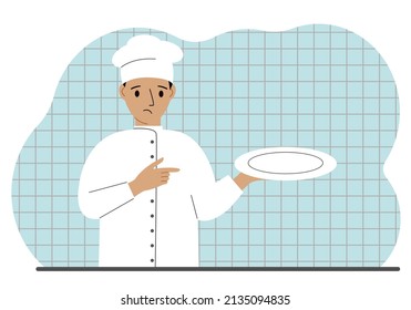 A sad cook in a cap holds an empty plate in his palm. Vector flat illustration