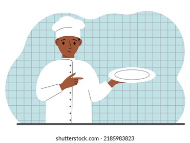 Sad cook in a cap holds an empty plate in his palm. Vector flat illustration