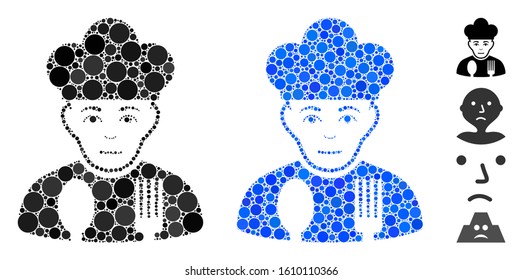 Sad cook composition of filled circles in various sizes and color hues, based on sad cook icon. Vector filled circles are combined into blue illustration.