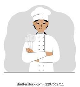 A sad cook holds a kitchen set of cutlery in his hand. Profession. Vector flat illustration