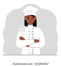 Un triste cocinero sostiene en la mano un juego de cubiertos de cocina. Profesión. Ilustración plana del vector