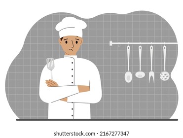 Triste cocinero sostiene una espátula de cocina en la mano. Ilustración plana del vector