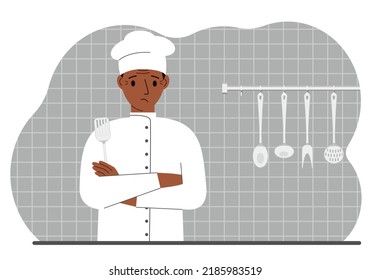 Sad cook man holds a kitchen spatula in his hand. Vector flat illustration