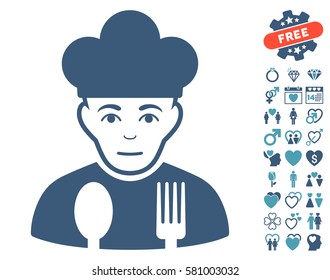 Sad Cook pictograph with bonus amour symbols. Vector illustration style is flat iconic cyan and blue symbols on white background.