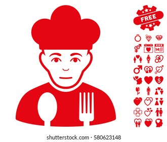 Sad Cook pictograph with bonus valentine symbols. Vector illustration style is flat iconic red symbols on white background.