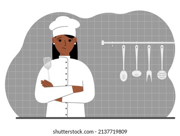 Sad cook woman holds a kitchen spatula in his hand. Vector flat illustration