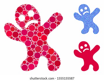 Sad cookie man composition of filled circles in different sizes and color tints, based on sad cookie man icon. Vector filled circles are united into blue illustration.