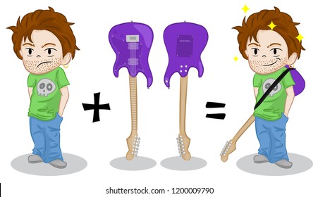 Sad cool guy sad without electric guitar. Happy man bought an electric guitar. Guitar front and back view. Funny concept of music school or musical instruments store, music production, becoming popul.