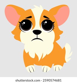 Sad corgi with big teary eyes and a worried expression. The fluffy puppy looks emotional and touching, making it perfect for greeting cards, stickers, pet designs, digital illustrations