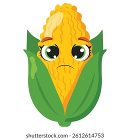 Sad corn with expressive eyes and green husk, ideal for illustrating emotions, food-related content, or educational materials for kids