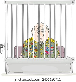 Sad corrupt general in a parade military uniform with orders and medals sitting with a sour face in a dock behind bars during a court hearing and verdict, vector cartoon illustration on white