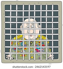 Sad corrupt general in a parade military uniform with his orders and medals sitting with a sour face behind bars in prison after trial and sentencing, vector cartoon illustration on white