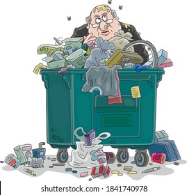 Sad corrupt official dismissed and thrown into a trash can with garbage and waste, vector cartoon illustration on a white background