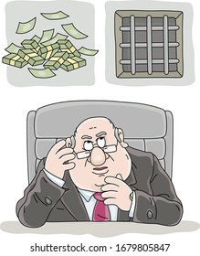 Trauriger korrupter Beamter mit einem sauren Gesicht, der an seinem Schreibtisch sitzt, über einen hohen Brautpreis nachdenkt und die Wahrscheinlichkeit einschätzt, sich hinter Gittern zu finden, Cartoon-Illustration der Vektorillustration