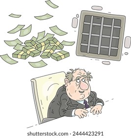 Sad corrupt official with a sour face sitting at his desk, thinking about a big bribe price and assessing a probability to find himself behind bars, vector cartoon illustration on a white background