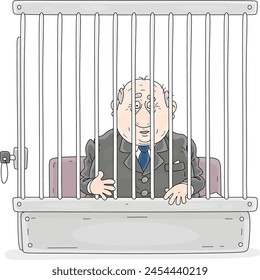 Trauriger korrupter Beamter mit saurer Miene sitzt in einer Anklagebank hinter Gittern während einer Gerichtsverhandlung und Urteil, Vektorgrafik Cartoon-Illustration auf weißem Hintergrund