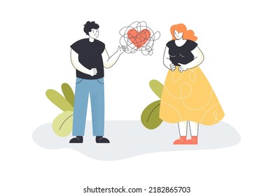 Sad couple with chaos in complicated bad relationship. Man and woman with tangled thread on red heart flat vector illustration. Love, divorce concept for banner, website design or landing web page