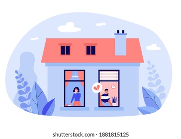 Sad couple crying about broken relationship. House, heart, divorce flat vector illustration. Love and quarrel concept for banner, website design or landing web page