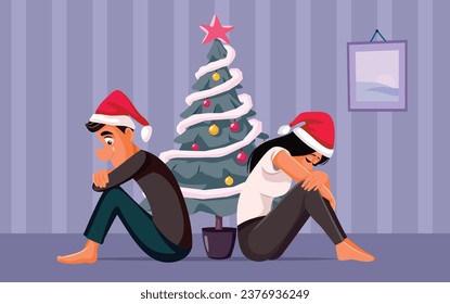 
Sad Couple Fighting During Christmas Vector Cartoon illustration.Frustrated depressed husband and wife spending holidays arguing with each other. 
