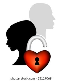 Sad couple having an argument - symbolic icon of broken love - unhappy woman and man with heart shaped padlock against white background - heartbreak concept