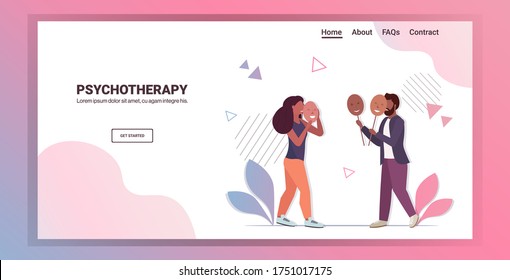 sad couple holding happy masks man woman covering faces emotions behind mask fake feeling relationships crisis concept full length horizontal copy space vector illustration
