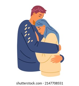Sad couple hugging comforting each other vector illustration. People in sorrow embracing to support each other.