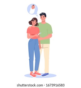 Sad couple looking at the negative pregnancy test, idea of infertility. Woman and man can't have a baby. Unhappy parents. Isolated vector illustration in cartoon style