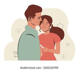 Sad couple looking at the negative pregnancy test, idea of infertility. Male and female person together. Unhappy woman. Isolated vector illustration in cartoon style.