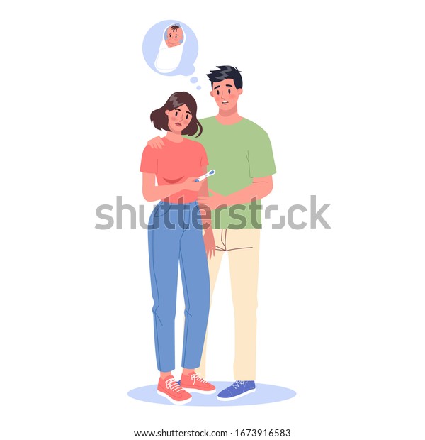 Sad couple looking at the\
negative pregnancy test, idea of infertility. Woman and man can\'t\
have a baby. Unhappy parents. Isolated vector illustration in\
cartoon style