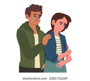 sad couple looking pregnancy test showing. vector illustration.