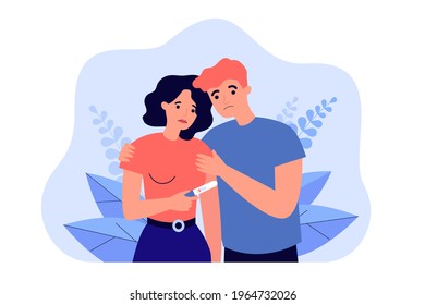 Sad couple with negative pregnancy test vector illustration. Infertial woman and man dreaming about baby. Fertility problem, pregnancy, family concept for banner or landing page