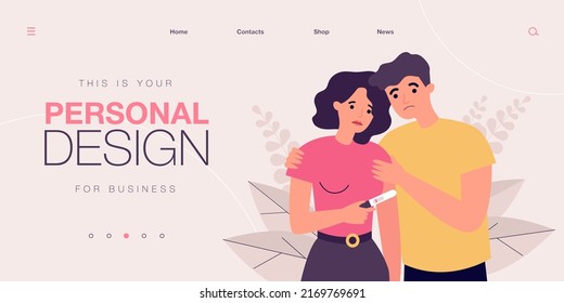 Sad couple with negative pregnancy test vector illustration. Infertial woman and man dreaming about baby. Fertility problem, pregnancy, family concept for banner or landing page